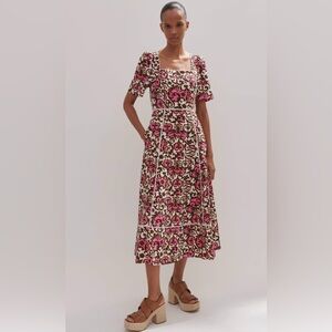 ME+EM Baroque Print Embroidered Linen Blend Midi Dress, Sz 8